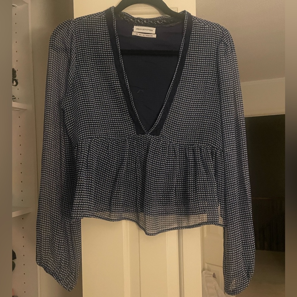 Navy Checkered V-Neck Blouse